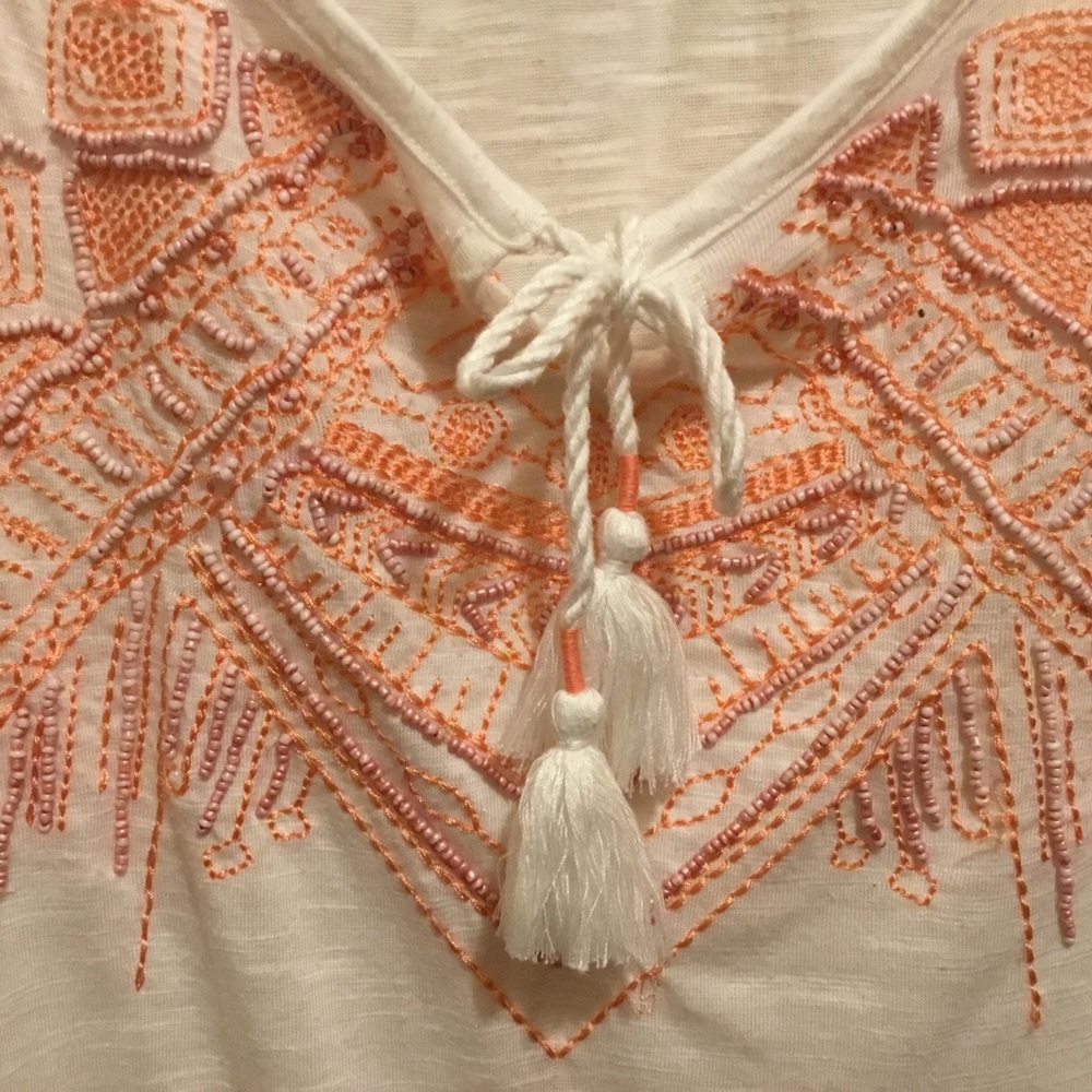 Maurices Bead & Embroidery Embellished, Tasseled Tie, Short Sleeve White Top - Picture 2 of 11